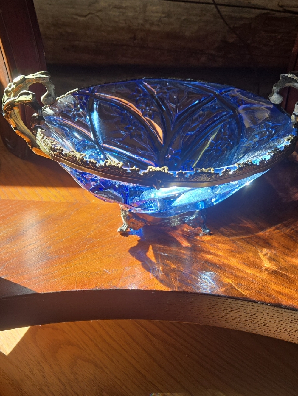 Vintage Blue Glass Decorative Bowl with Ornate Mounts